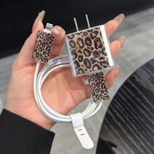 动物图案5件套/组 豹纹手机壳+充电器适配器保护套+数据线保护套+收纳绳 兼容苹果 11 13 14 Pro Max, 14 Plus, 15 Plus, 16, 16 Plus, 16 Pro, 16 Pro Max 国际版，非国内版 - 彩色 - 查看 5
