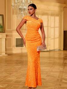 Fuaheng 优雅闪光连衣裙，不对称领口和褶皱细节，正式晚会礼服，适合婚礼嘉宾、毕业典礼、晚宴派对礼服