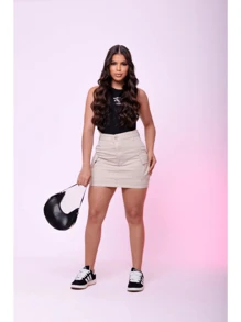 Women's Black And Beige Cargo Jeans Skirt - 米色 - 查看 2