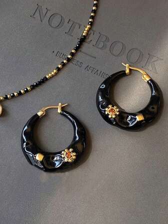 1 Pair Fashion Retro Asymmetrical Ombre Drop French Style Earrings, Diamond Encrusted Lightweight Chic Elegant Earring Hoops For Women