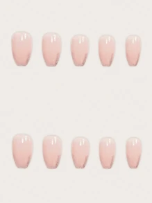 24入組短款芭蕾美甲貼片，粉色帶閃粉，法式滿貼式假指甲。附送一片膠標籤和一個指甲文件，適合女性/女孩裝扮日常或節日穿搭，按壓式甲鈦，美甲用品 - 鏽棕色 - 查看 3