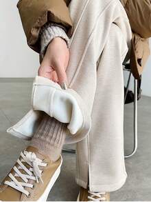 女士保暖内衬阔腿开衩裤，保暖百搭休闲直筒裤