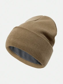 1pc Men Black Solid Thermal Lined Thick Knit Beanie Hat, Casual Pullover Cap Suitable For Daily Outdoor Use To Keep Warm In Extremely Cold Weather Fall Outfit