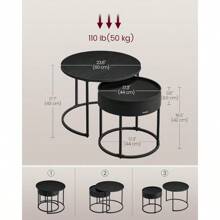 VASAGLE Round Coffee Tables, Set Of 2 Nesting Tables, Modern Round Side Tables With Hidden Storage And Top Tray, For Living Room, Bedroom, Office - 黑色 - 查看 3