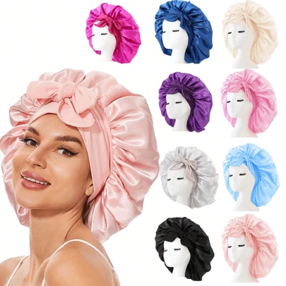 ZTZI 1pc Luxury Satin Hair Bonnet With Bow - Soft Silk Sleep Cap For Protecting Curly & Natural Hair