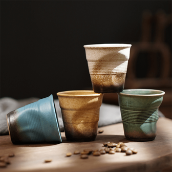 1pc Creative Rough Coffee Cup, Asymmetrical Shape Ceramic Coffee Cup, Handheld Wrinkled Cup Body, Retro Ceramic Latte Cup, Minimal Style Coffee Cup, Suitable For Home Use. Back To School
