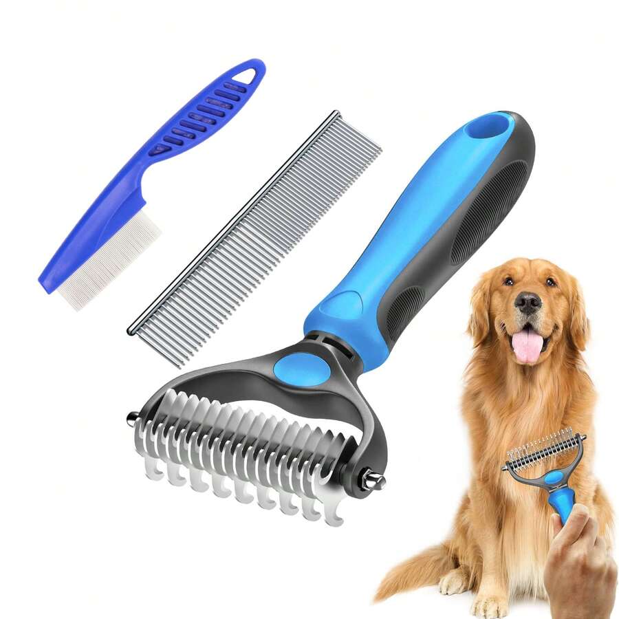 3 PCS Pet Grooming Brush, Double Sided Shedding And Dematting Undercoat