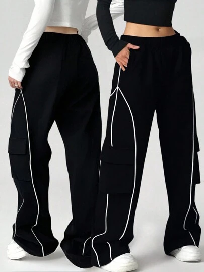 1 件青少年女孩宽松休闲百搭纯色户外休闲运动健身工装裤，春/秋