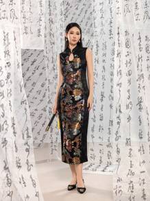 Váy sườn xám kiểu Trung Quốc mới xẻ đùi, thiết kế hoa jacquard phía trước không tay, kết hợp họa tiết hoa, xẻ đùi - màu đen - Xem 6