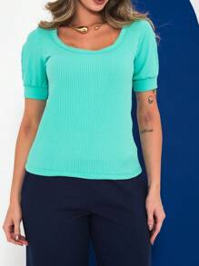 Women's Ribbed Blouse With Opening On The Sleeves - 薄荷綠 - 查看 7