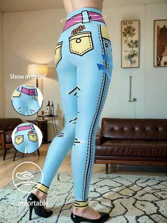 女式卡通印花高腰仿牛仔运动紧身裤瑜伽裤
