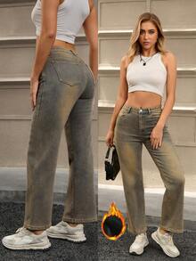 Pantaloni in denim casual ed elasticizzati con fodera termica, adatti per tutte le stagioni