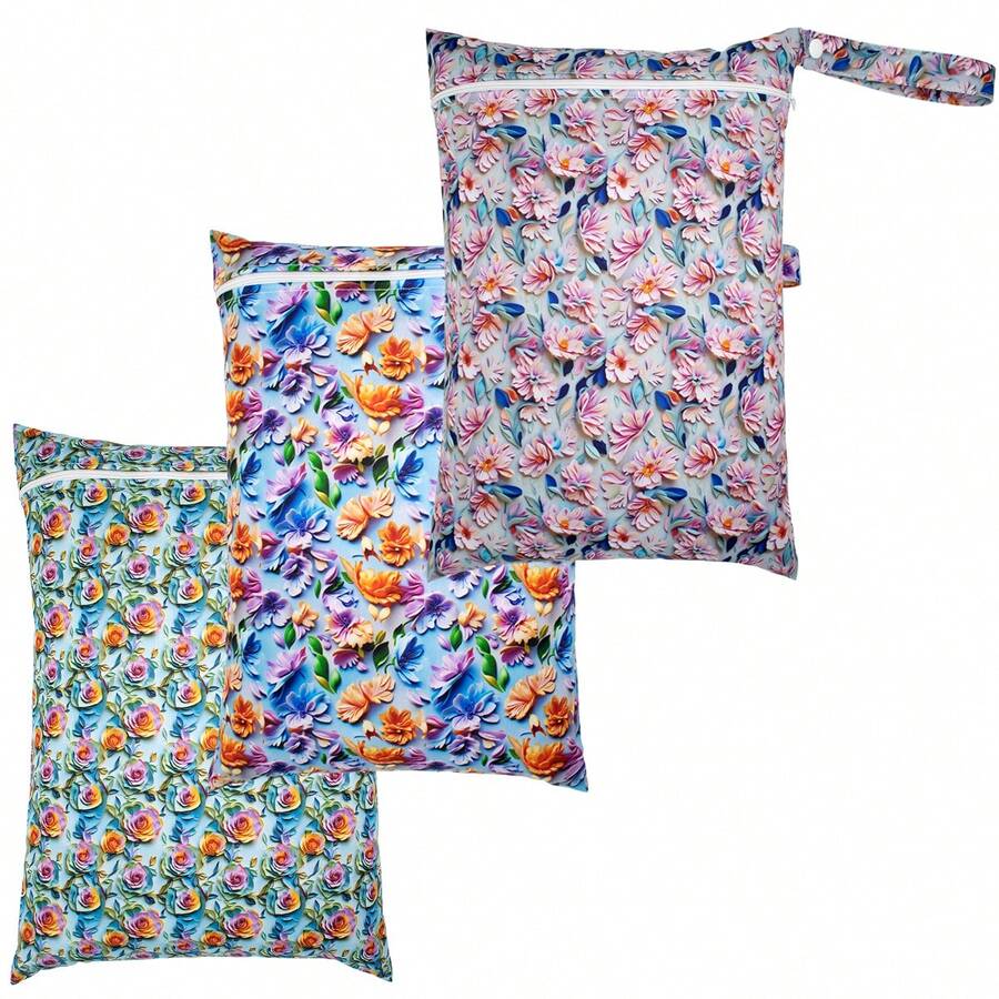 3pcs Wet Dry Bags 3D Printing Flower Waterproof Reusable With Zippered