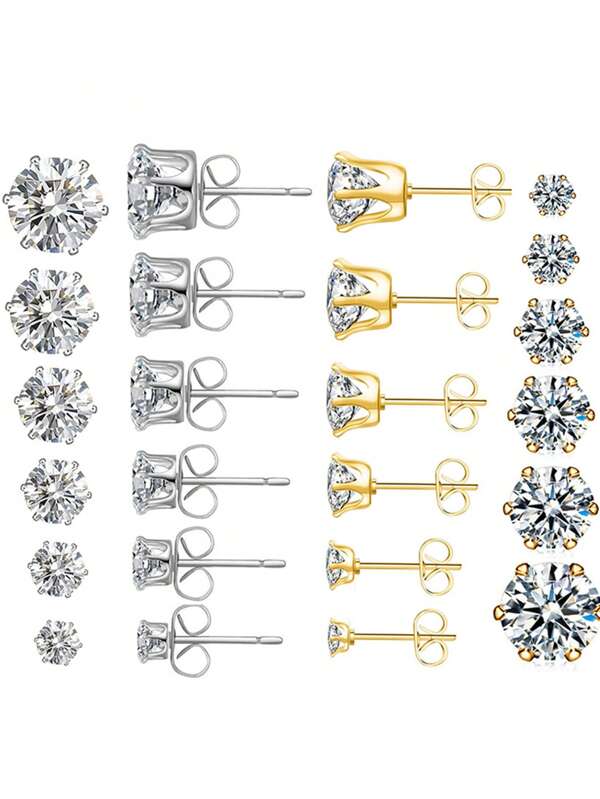 6 Pairs Minimalist Stainless Steel & Crystal Zirconia Stud Earrings, 3-8mm Round Zirconia Earrings, DIY Multi-Color Earrings, Ideal Christmas, New Year, Valentine's Day Holiday Gifts