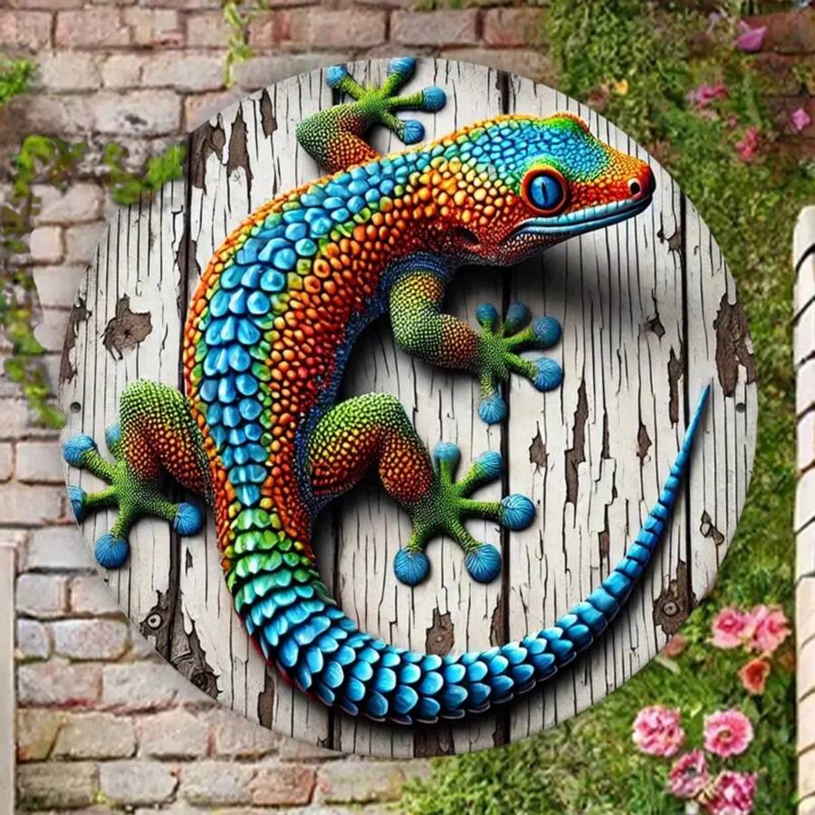8-Inch Round Wooden Lizard Wall Art With 2D Flat Printed Gecko Design - Waterproof And Weather-Resistant, High-Definition Printing For Home And Cafe Decor, Random Pattern - Multicolor - View 1