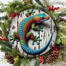 8-Inch Round Wooden Lizard Wall Art With 2D Flat Printed Gecko Design - Waterproof And Weather-Resistant, High-Definition Printing For Home And Cafe Decor, Random Pattern - Multicolor - View 3