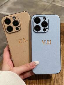 Customized Personalized Initials Name 3D DIY Engraved Letters Phone Case Compatible With IPhone 17 16 15 14 13 12 11 Pro Max 17 Air 16 15 14 Plus Back Cover Luxury Plating Bumper Litchi Pattern Leather Protection Shockproof Case Hot Stamping Imprinting Technology Leather Case Festival Gifts For Lover Friends Family Yourself - Green - View 3