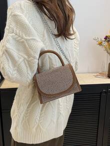 2025新款欧美时尚复古水钻链条小方包晚宴水钻手提包斜挎包 - 棕色 - 查看 6