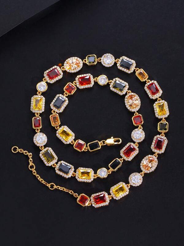 1pc Vibrant Multi-Color Cubic Zirconia Asymmetrical Gemstone Chain Necklace For Women, Daily, Party, Engagement Jewelry Accessories, Ideal Gift