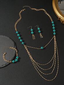 Bộ 4 món/bộ trang sức Ả Rập bán chạy cho váy cưới, trang sức ngọc lục bảo cho váy cưới, vòng cổ nhiều lớp dài + vòng tay + hoa tai, trang sức xa xỉ chất lượng cao, quà tặng ngày lễ - màu xanh lá - Xem 2