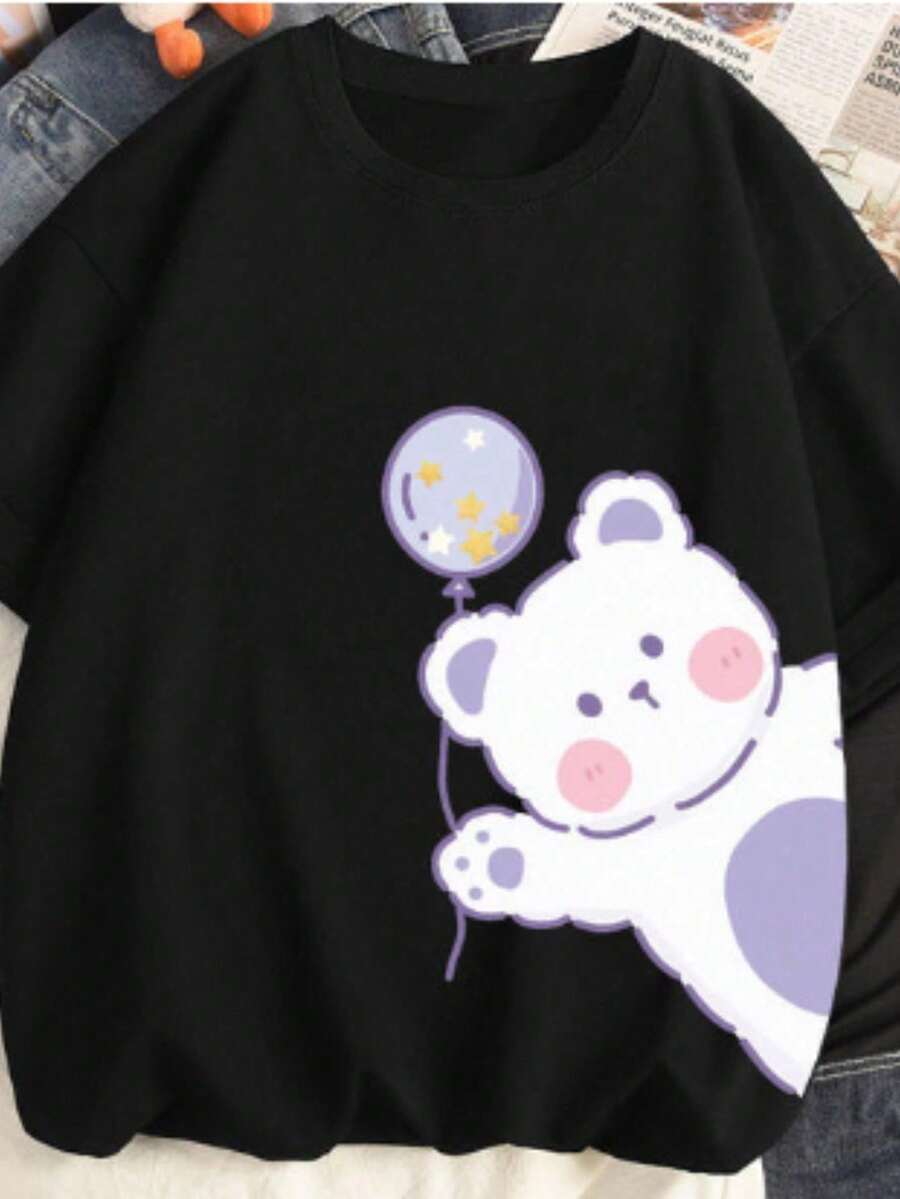 Unisex T-Shirt With Teddy Bear And Balloon Print, Streetwear Fashion - màu đen - Xem 1