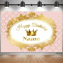 (Customized) 1pc Personalized Golden Crown & Pink Glitter Princess Party Background, Birthday, Wedding, Christening Photography Backdrop, Customizable Text - Multicolor - View 3