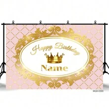 (Customized) 1pc Personalized Golden Crown & Pink Glitter Princess Party Background, Birthday, Wedding, Christening Photography Backdrop, Customizable Text - Multicolor - View 4