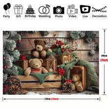 1 pièce, Décor mural pour la fête de Noël et du Nouvel An, mur en bois rural, ours en peluche, feuilles vertes de vacances, pommes de pin et baies rouges, polyester, bannière polyvalente, convient pour une utilisation intérieure et extérieure, accessoires photo pour célébrations de vacances