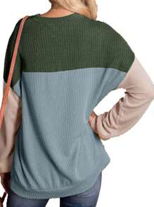 Long Sleeve Shirts For Women Cute Color Block Tops Casual Waffle Knit Shirt - Army Green - View 3