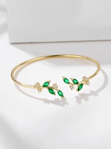Cubic Zirconia Leaf Decor Cuff Bracelet