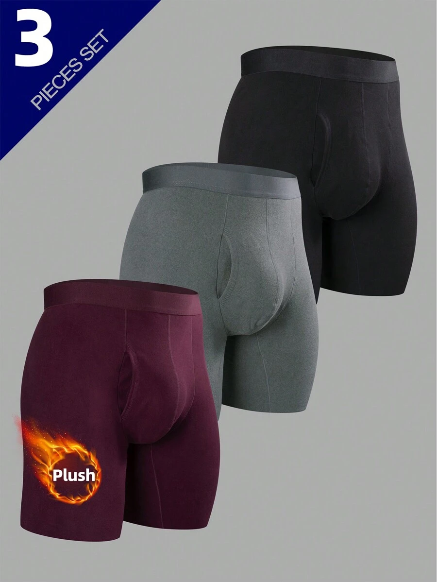 3 Packs Men's Long Thermal Underwear, Side Opening Design, High Elasticity Polyester Blend (93% Polyester, 7% Spandex), Solid Color, Comfortable & Fitted, Suitable For Casual Daily Wear, Autumn/Winter - Multicolor - View 1