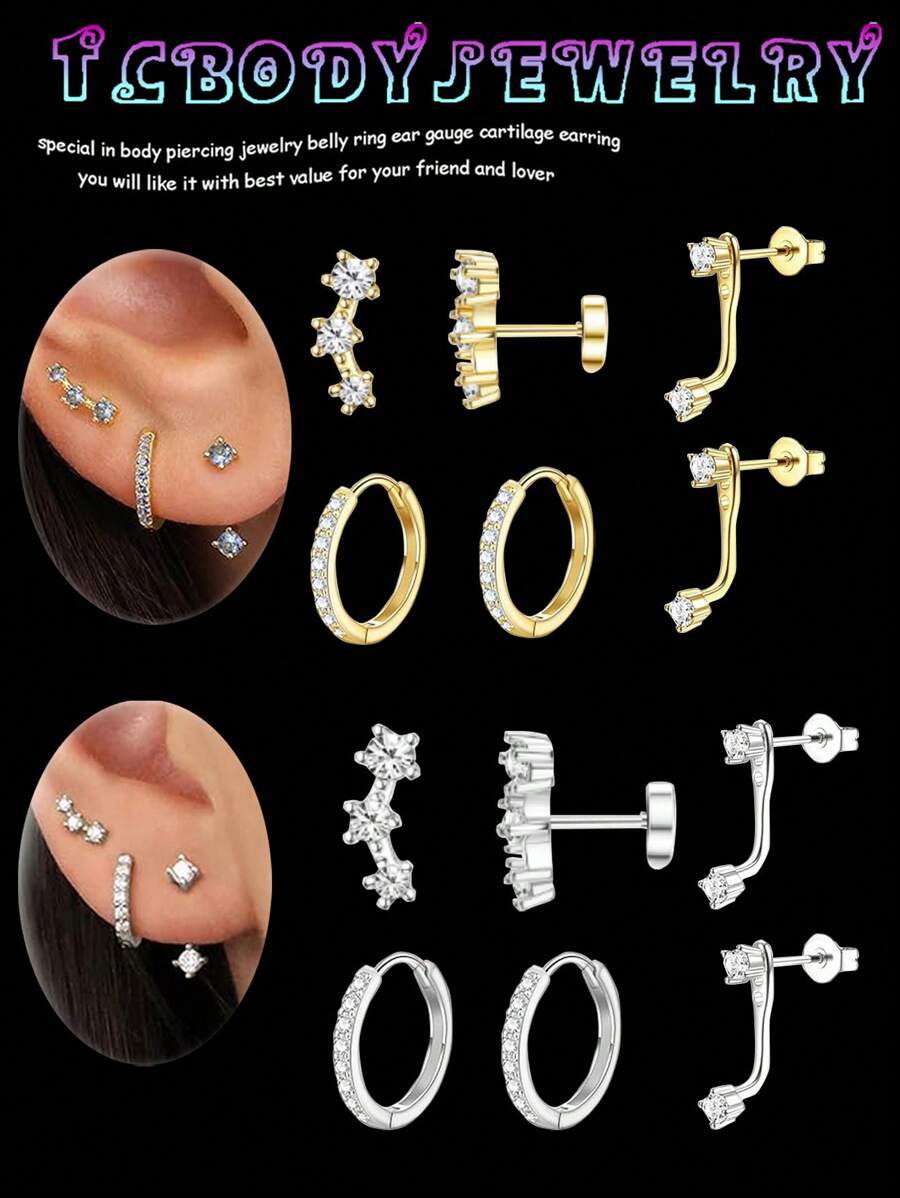 1-3 perechi de cercei cu șuruburi din aur CZ pentru femei, cercei cu șuruburi CZ strălucitori pentru cartilaj Helix, tragus, lobul urechii, piercing bijuterii, placat cu aur de 18K, calibrul 20