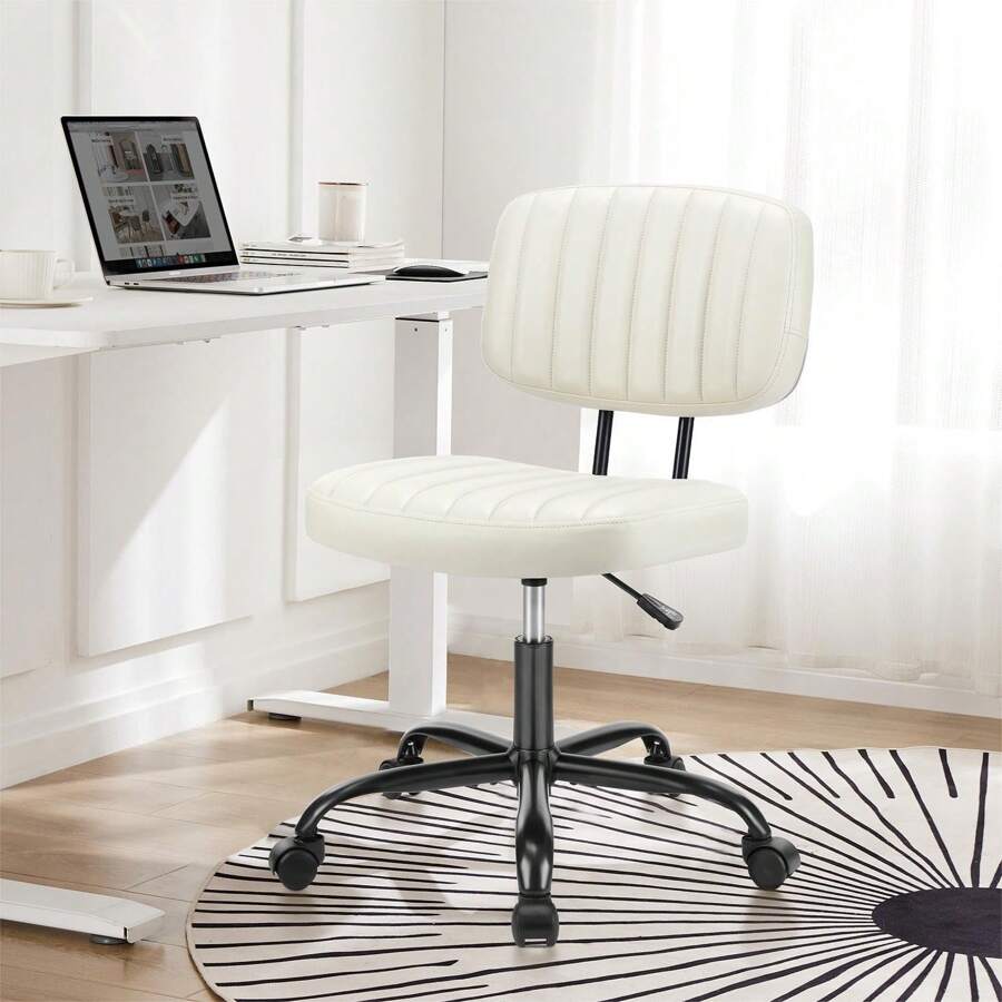 Sweetcrispy Small Office Computer Desk Chair With Wheels And Lumbar Support, Comfy Cute Armlees PU Leather Vanity Rolling Swuvel Task Chair No Arm For Adult, Student - 白色 - 查看 1