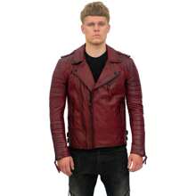 Mens Slim-Fit Double Zip Brando Leather Biker Jacket-Cairo - 酒紅色 - 查看 2