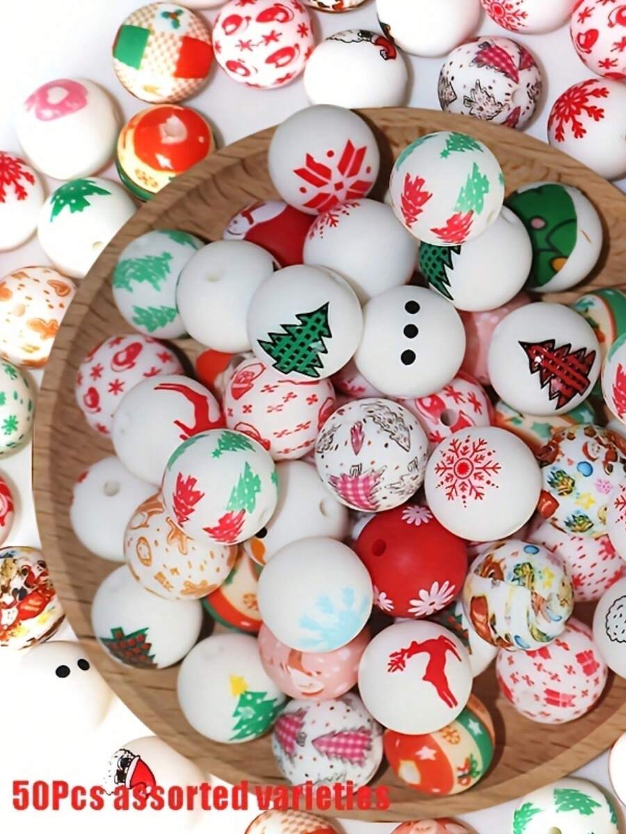 50 件 15 毫米混合水转印硅胶圣诞珠，各种圣诞元素印花散珠，适合制作珠宝、DIY 笔饰 - 混合顏色 - 查看 1