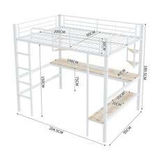 Okwish Loft Bed Bunk Bed 90x200 Cm, 140x200 Cm With Fall Protection, Metal Bed Children's Bed With Desk And Shelf, Iron Bed Youth Bed With Ladder, White/Black