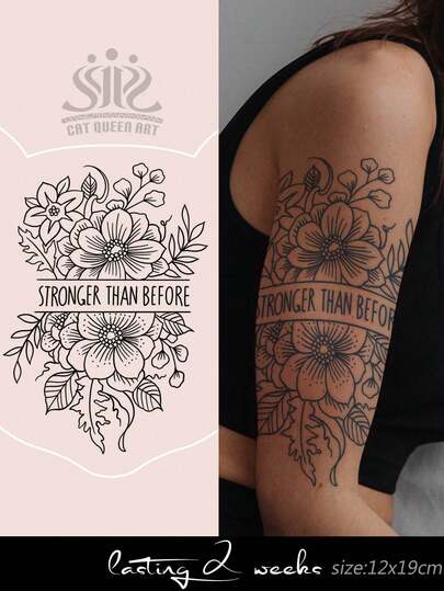 1pc Herbal Juice Semi-Permanent Magical Tattoo Sticker, Creative Floral & "STRONGER THAN BEFORE" Text Design, 14-Day Waterproof Temporary Tattoo For Women, Suitable For Arm, Chest, Back, Body