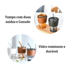 Glass Cup With Straw, Lid And Modern Leather Stand - 無色 - 查看 3