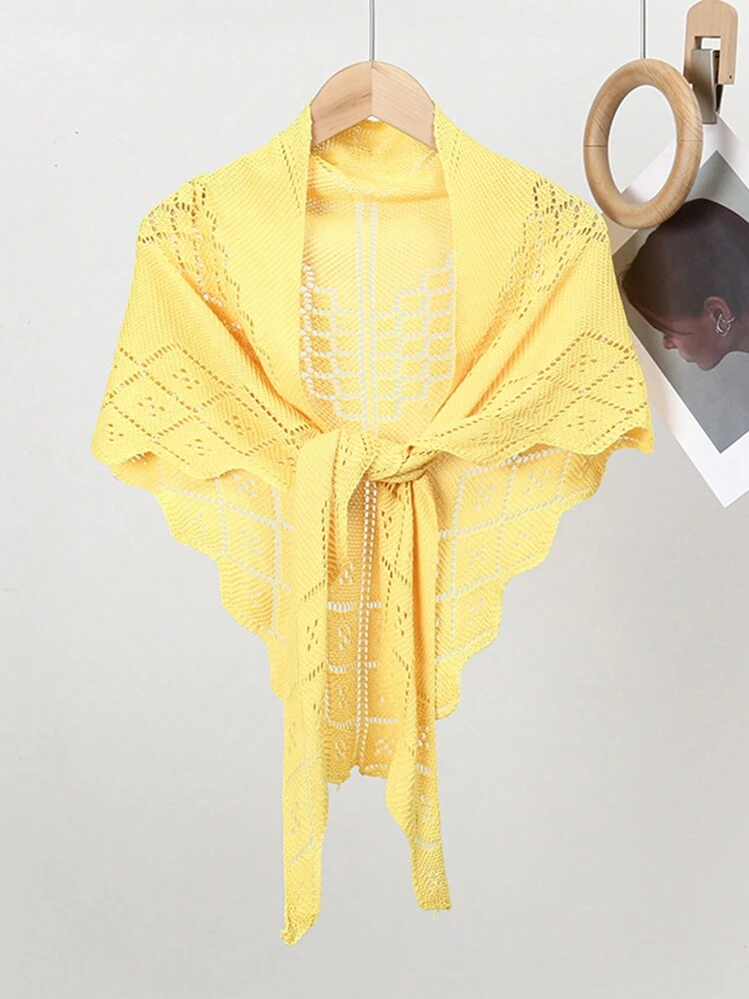 1pc Women Plus Size Solid Color Knit Hollow Triangle Shawl Neck Warmer Versatile Faux Cashmere Cardigan, Autumn/Winter - Multicolor - View 11