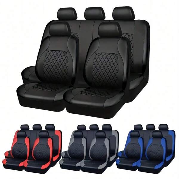 Set de 5 fundas universales para asientos de coche, de piel de PVC con espuma de 4 mm para uso en las 4 estaciones, incluye 2 cojines para asientos delanteros, 1 respaldo trasero, 1 cojín de asiento trasero y 5 fundas para reposacabezas