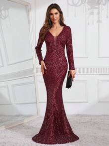 Long Sleeved V Neck Mermaid Hem Sequin Formal Dress - Burgundy - View 5