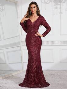 Long Sleeved V Neck Mermaid Hem Sequin Formal Dress - Burgundy - View 4