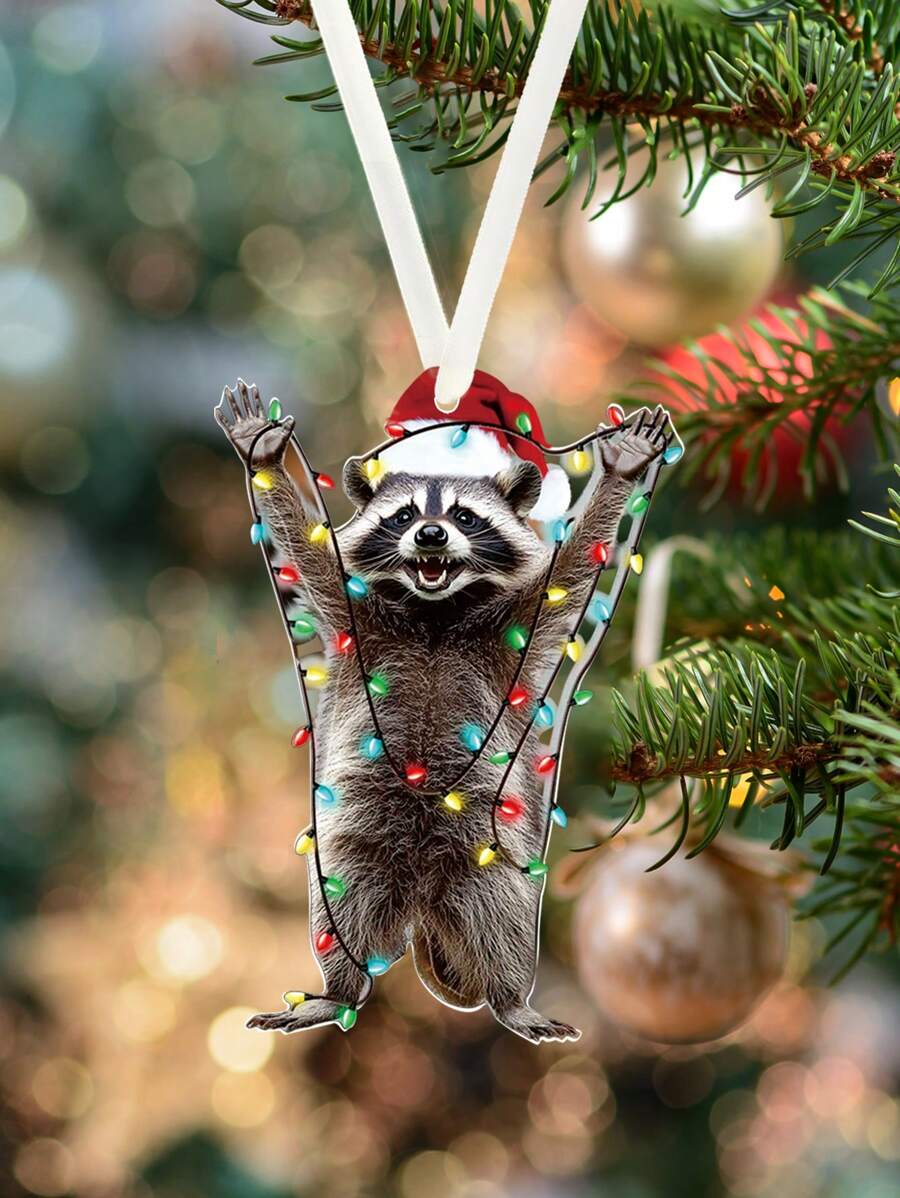 1 件欢呼浣熊圣诞节 LED 亚克力装饰吊坠、圣诞家居装饰、窗户壁炉花园挂饰、圣诞树装饰品、圣诞礼物 - 彩色 - 查看 1