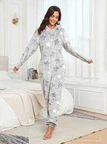 1 pièce Ensemble de pyjama simple à motif de étoile de dessin animé pour femme - convient pour une utilisation à la maison, toutes saisons