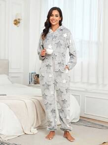 1 pièce Ensemble de pyjama simple à motif de étoile de dessin animé pour femme - convient pour une utilisation à la maison, toutes saisons