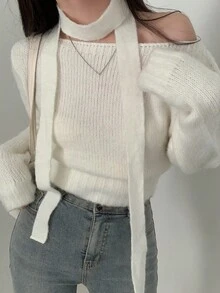 1 件女式优雅露肩毛衣配围巾，长袖针织套头衫 - 白色 - 查看 1