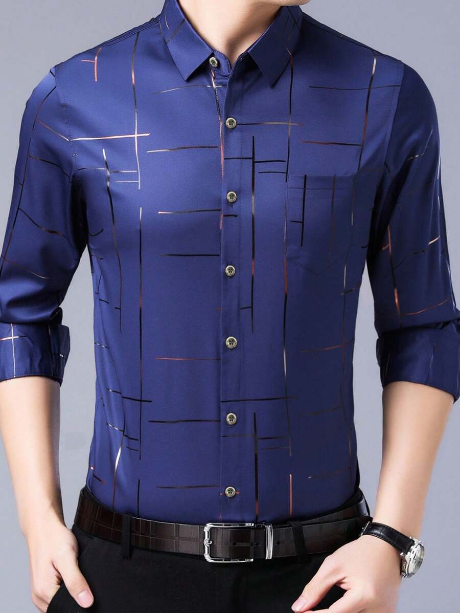 Áo sơ mi dài tay kẻ sọc Pro Man Wardrobe dành cho nam, phù hợp cho công sở và đi làm, mùa thu/đông, thoáng mát. - Màu xanh hải quân - Xem 1