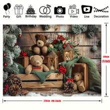1 pièce, Décor mural pour la fête de Noël et du Nouvel An, mur en bois rural, ours en peluche, feuilles vertes de vacances, pommes de pin et baies rouges, polyester, bannière polyvalente, convient pour une utilisation intérieure et extérieure, accessoires photo pour célébrations de vacances