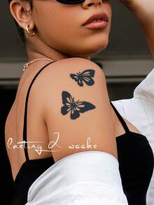 1pc Herbal Juice Minimalist Silhouette Butterfly Temporary Tattoo, 7-14 Days Waterproof, Smudge-Proof, For Finger, Wrist, Shoulder, Neck, Collarbone, Body - Blue - View 2