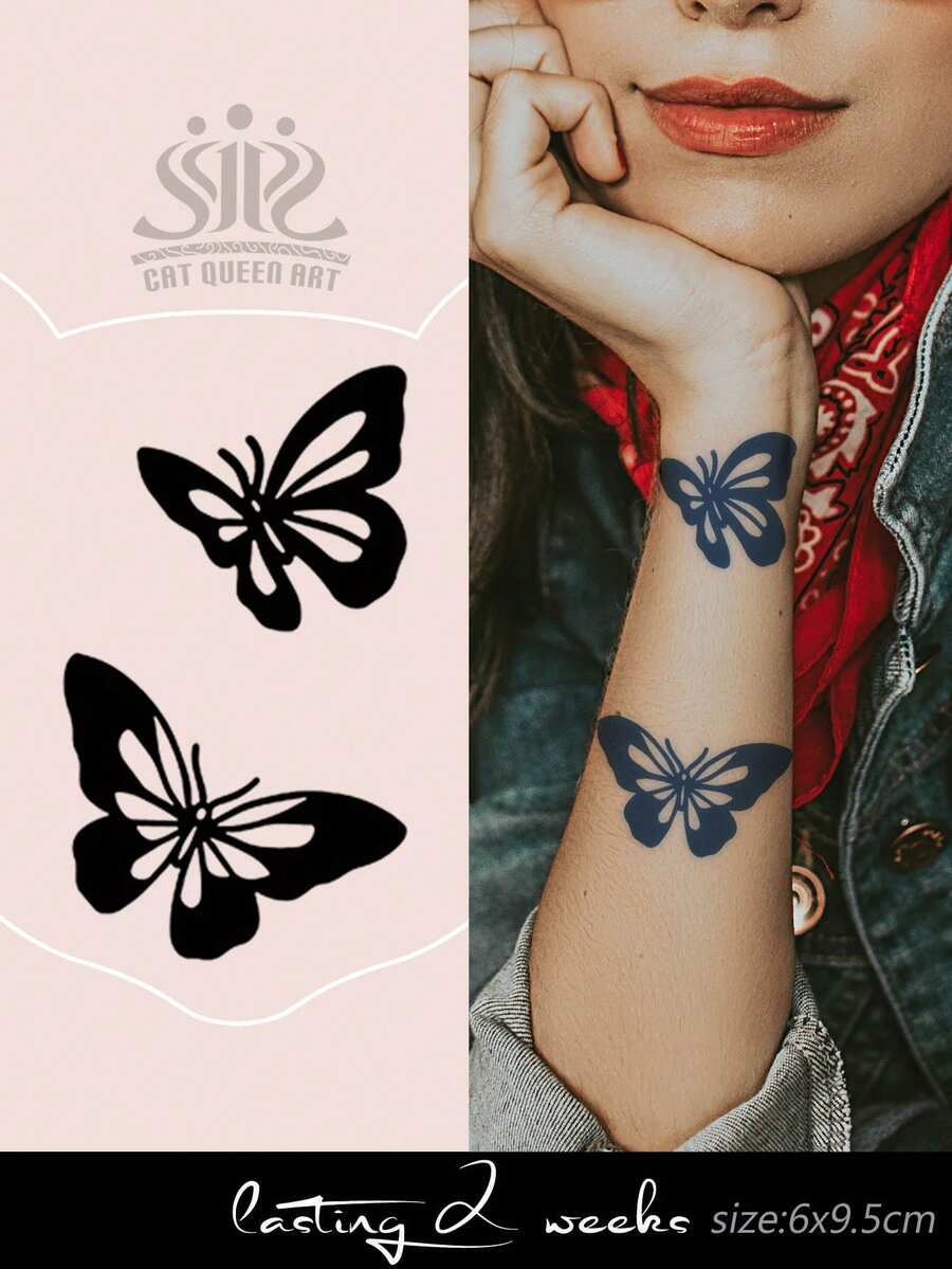 1pc Herbal Juice Minimalist Silhouette Butterfly Temporary Tattoo, 7-14 Days Waterproof, Smudge-Proof, For Finger, Wrist, Shoulder, Neck, Collarbone, Body - Blue - View 1